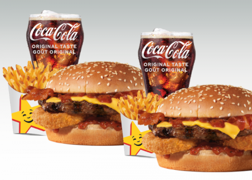 combo meal 2 coca cola cup drinks, fries, burgers with onion rings, bacon and cheese western bacon burger for 2 can dine